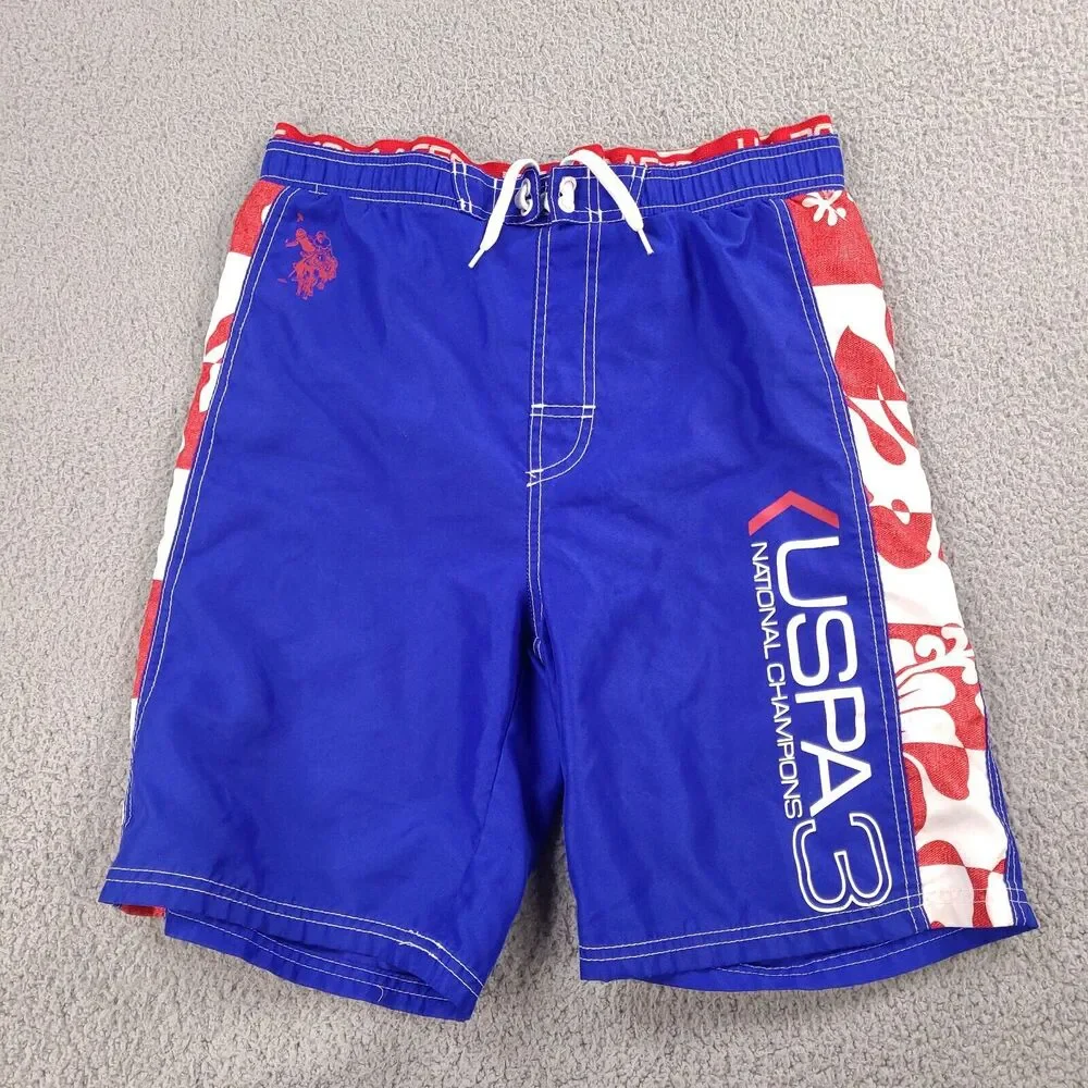 US Polo Assn Board Swim Shorts Boys Large 14/16 Blue USPA3 Champions Lined‎